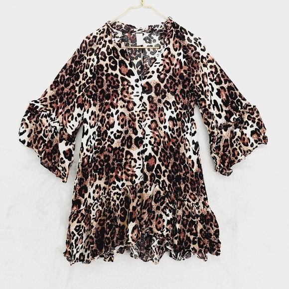 H&M Leopard Print 3/4 Sleeve V-Neck Blouse P589 - Picture 1 of 9
